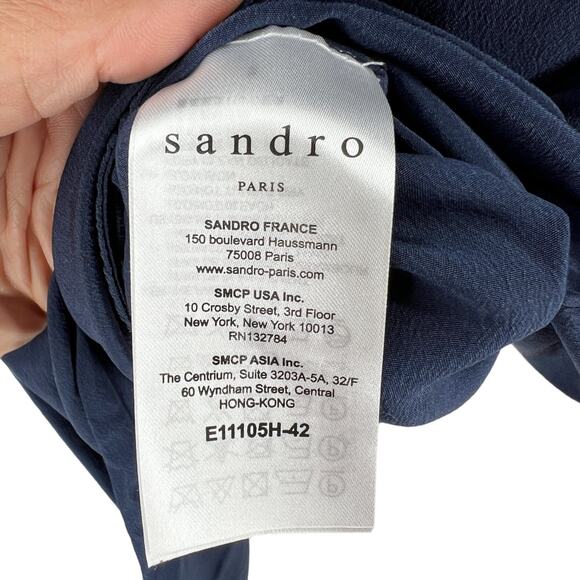 Sandro Womens Navy Blue Tie Neck 100% Silk Blouse Top Long Sleeve Shirt XS - Picture 9 of 11
